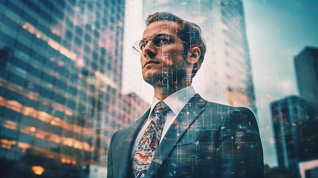 Businessman's double exposition with cityscape and financial graphics on a blurry background of a buildingSreated with Generative AI technology