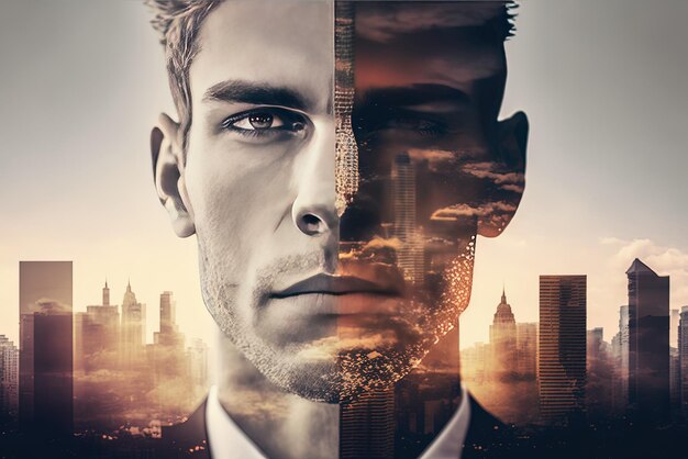 businessman's face doubleexposed against a backdrop of cityscape