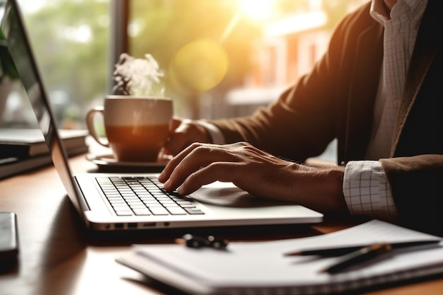 Businessman's Hand Financier Accountant and Laptop Computer with Documents AI