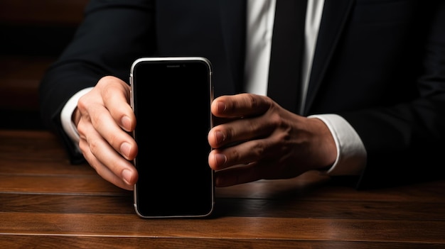 рука бизнесмена держит смартфон с гладким черным экраном на фоне