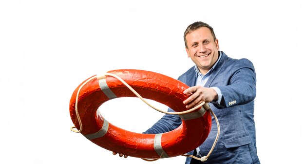 Businessman saving colleague with lifebuoy