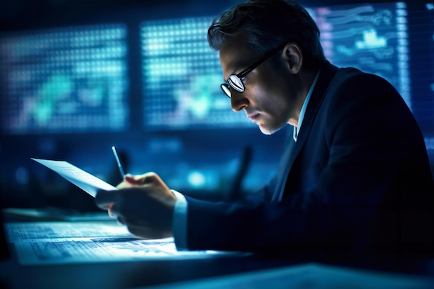 Businessman scrutinizing financial data to optimize business performance