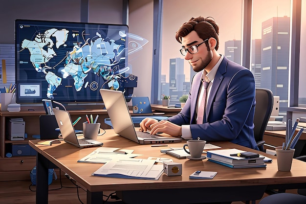 A businessman seamlessly accessing internet information via smartphone tablet laptop in the office