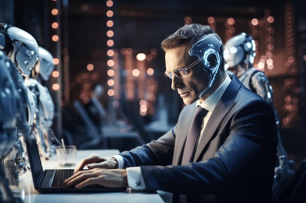 Businessman seamlessly harnessing the power of AI technology within his work environment