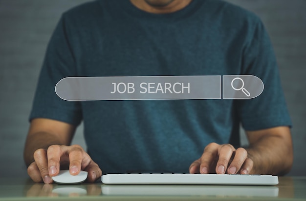 Photo businessman searching browsing internet jobs with blank search bar