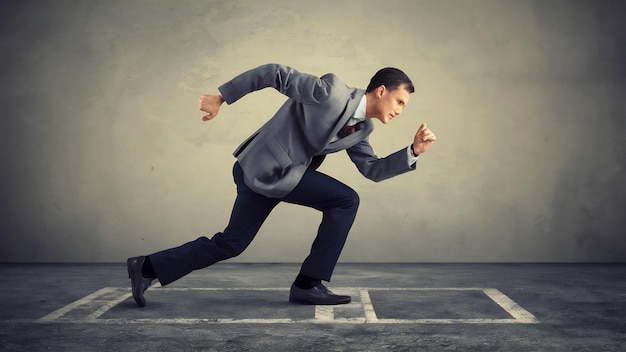 Businessman set in start running position prepare to fight in business race