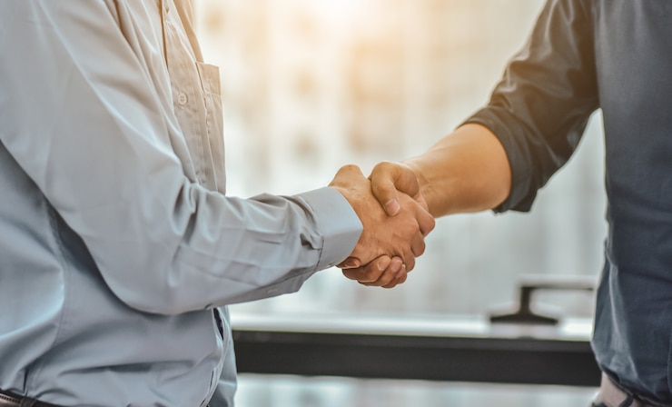 Photo businessman shake hands success business project, people handshake greeting cooperation