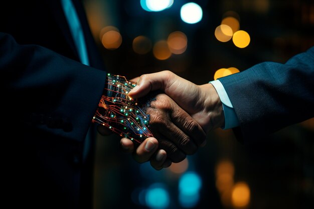 Photo businessman shaking hand with his partner in dark office