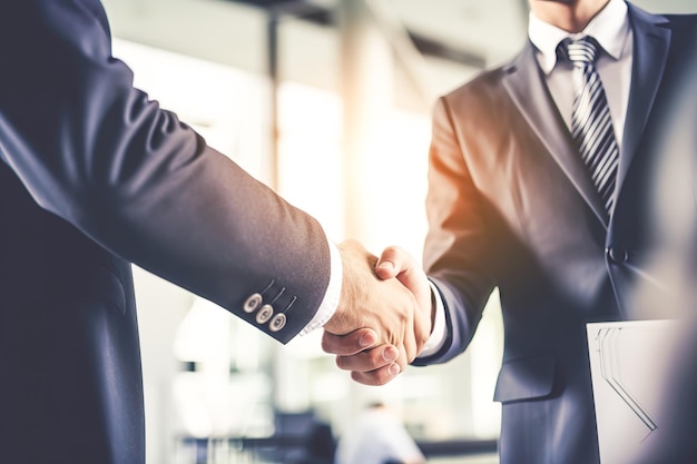 Businessman shaking hands after signing off on a meeting with partners setting goals and planning the way to success Collaborative teamwork
