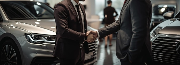 Photo businessman shaking hands with a customer after signing a contract to buy a car in a car dealershipgenerative ai