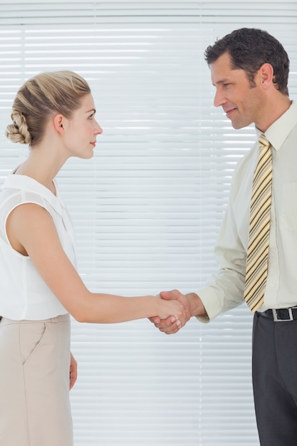 Businessman shaking hands with his attractive colleague