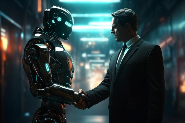 Businessman shaking hands with a robot in the background during a futuristic meeting in a modern office setting robot working with human in offices picture