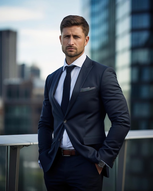 a businessman in a sharp suit standing against a city backdrop exuding confidence and ambition