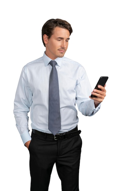 Businessman in shirt and tie with phone isolated over white background