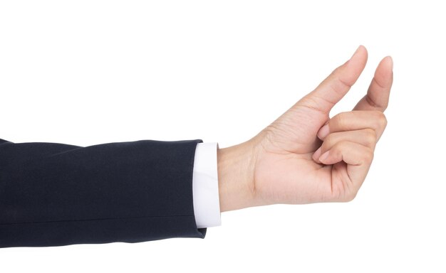 Foto uomo d'affari mostra il simbolo della mano isolato su sfondo bianco