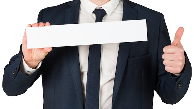 Businessman showing card and thumbs up