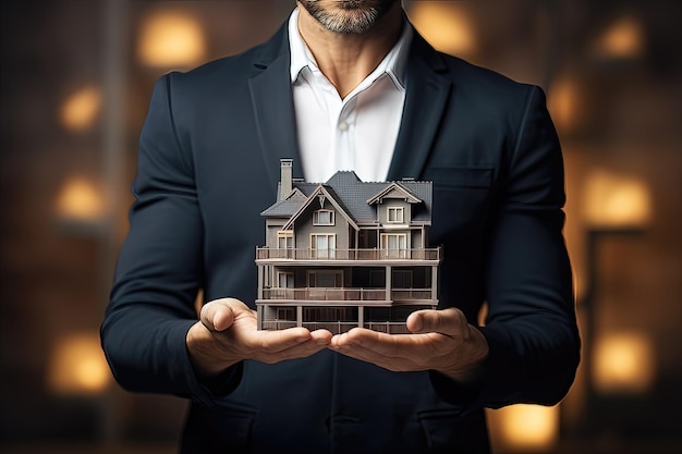 Businessman showing house model