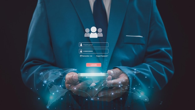 Businessman showing login screen tap on phone screen