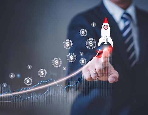 businessman shows icons with business and investment including a picture of a rocket going off