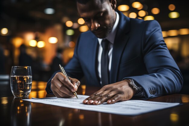 Businessman sign contract in office room