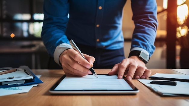 Businessman signing business contract on digital tablet at office