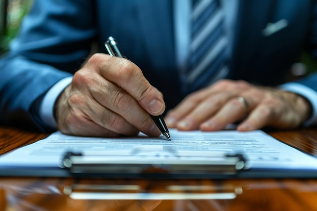Бизнесмен, подписывающий контракт или анонимное лицо, сидящее в кабинете, в зале заседаний или на столе
