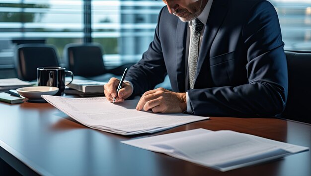 Businessman signing contract at desk in office businessman signing contract