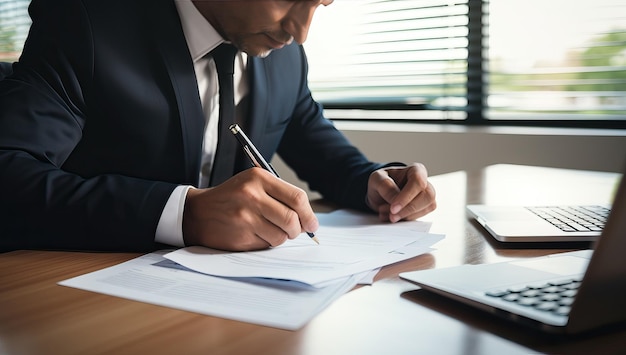 Businessman signing a contract in office Business and finance concept