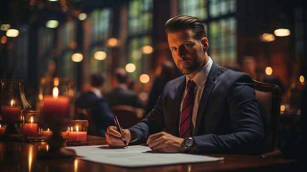 Businessman signing contract at table in cafe Businessman signing contractgenerative ai