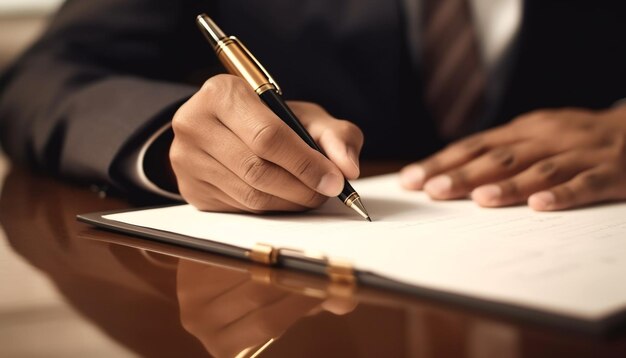 Foto uomo d'affari che firma il contratto con la penna stilografica alla scrivania in ufficio generato dall'intelligenza artificiale