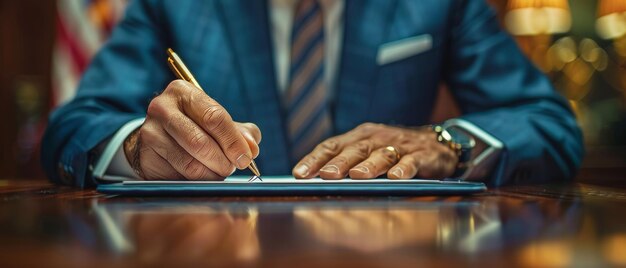 Photo businessman signing digital document on digital tablet virtual notepad on virtual screen online contract signing with application