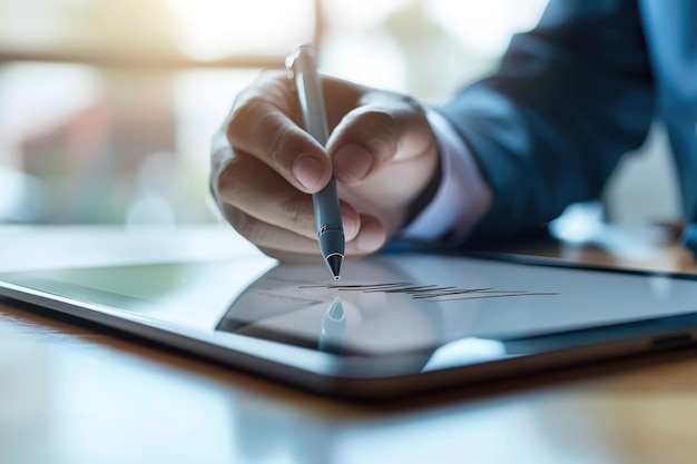 Businessman signs contract electronically on tablet with stylus