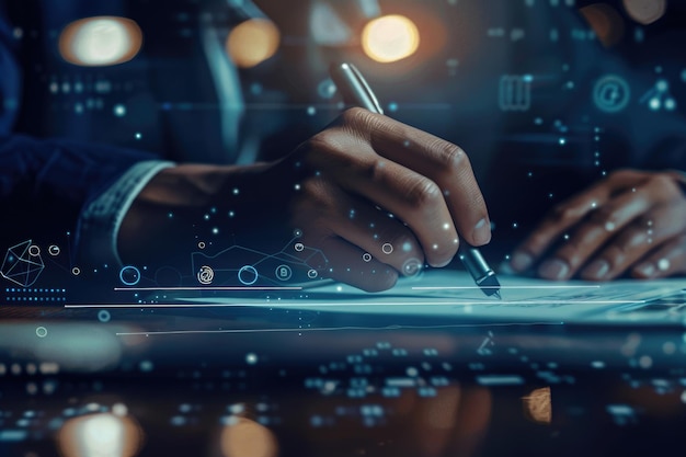 Businessman signs electronic documents on virtual laptop screen