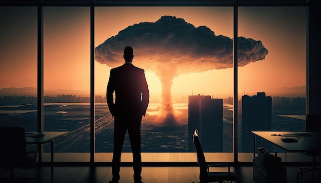 Силуэт бизнесмена в офисе смотрит в окно на огромный взрыв ядерной бомбы в городе