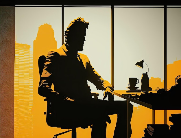 Силуэт бизнесмена сидит в офисе и думает, что анонимный член теневого правительства