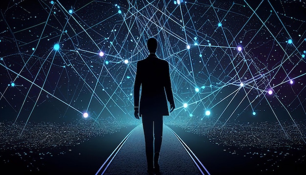 Businessman silhouette standing on the road with dot connect line circuit Business digital transformation concept Generative AI