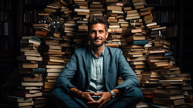 Businessman sits in lotus position surrounded by books