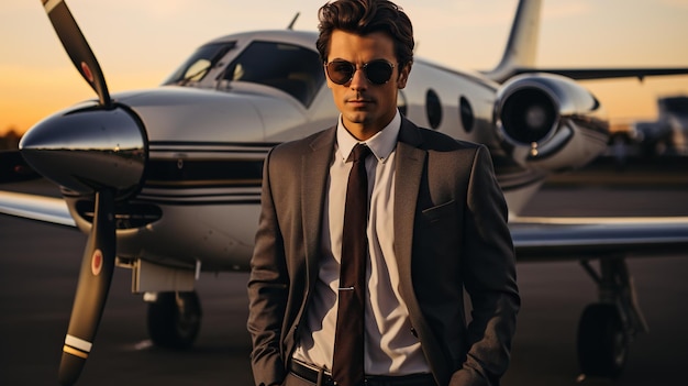 A businessman sits in a luxurious first class cabin or in a private jet Business jet interior