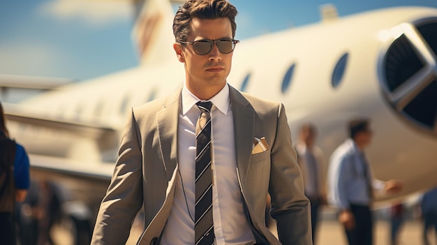 A businessman sits in a luxurious first class cabin or in a private jet Business jet interior