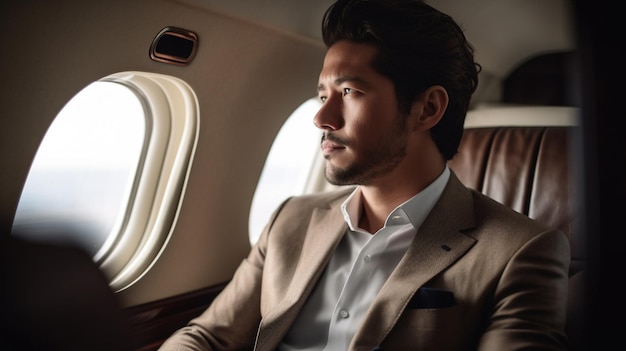 Бизнесмен сидит в современном самолете, готовом к путешествию по делам