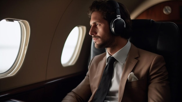 A businessman sits in a modern airplane ready to travel for business