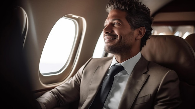 A businessman sits in a modern airplane ready to travel for business