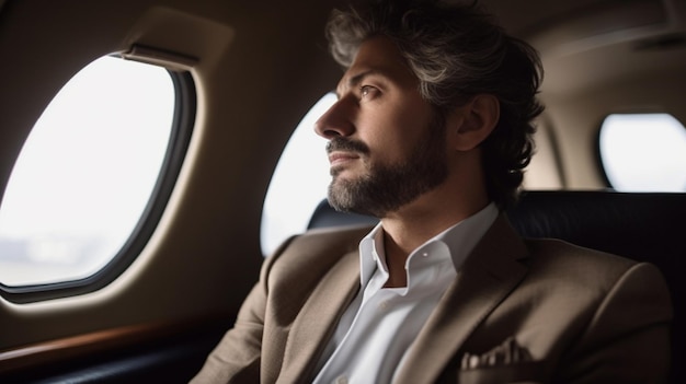 A businessman sits in a modern airplane ready to travel for business