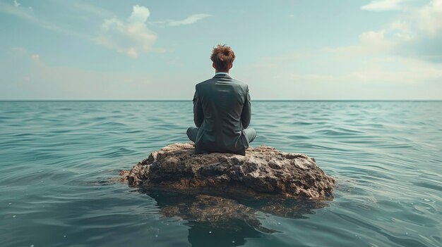 Бизнесмен сидит на камне посреди моря.