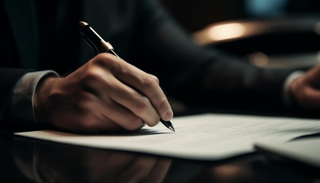 Фото Бизнесмен, сидящий за столом, подписывает контракт с помощью ручки и бумаги, созданной ии