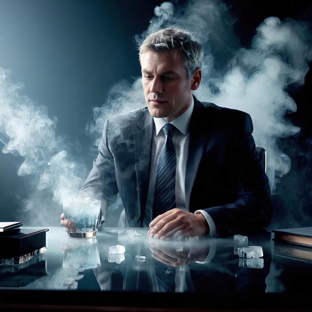 Businessman sitting at desk professional cold frozen and covered with ice career and business stu