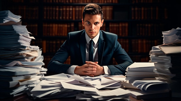 businessman sitting at desk with papers