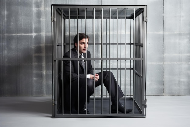 Businessman sitting on floor and looking through a prison cell door Generative AI