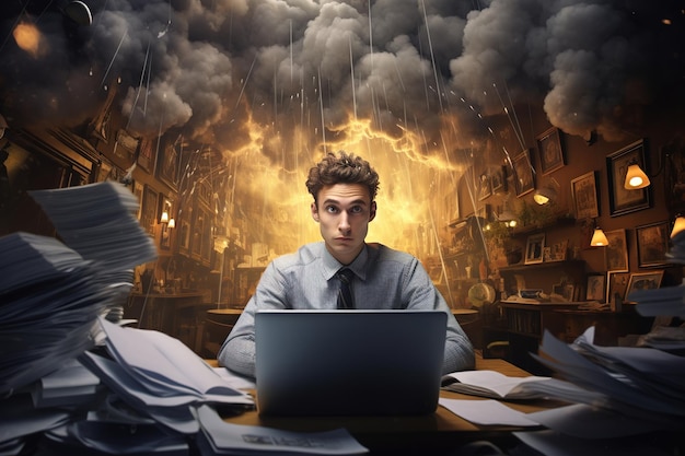 Businessman sitting in front of a laptop with rain clouds above his head