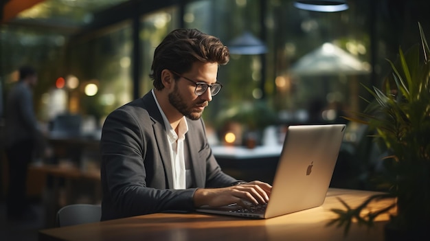 Businessman sitting at office desk working on laptop computer